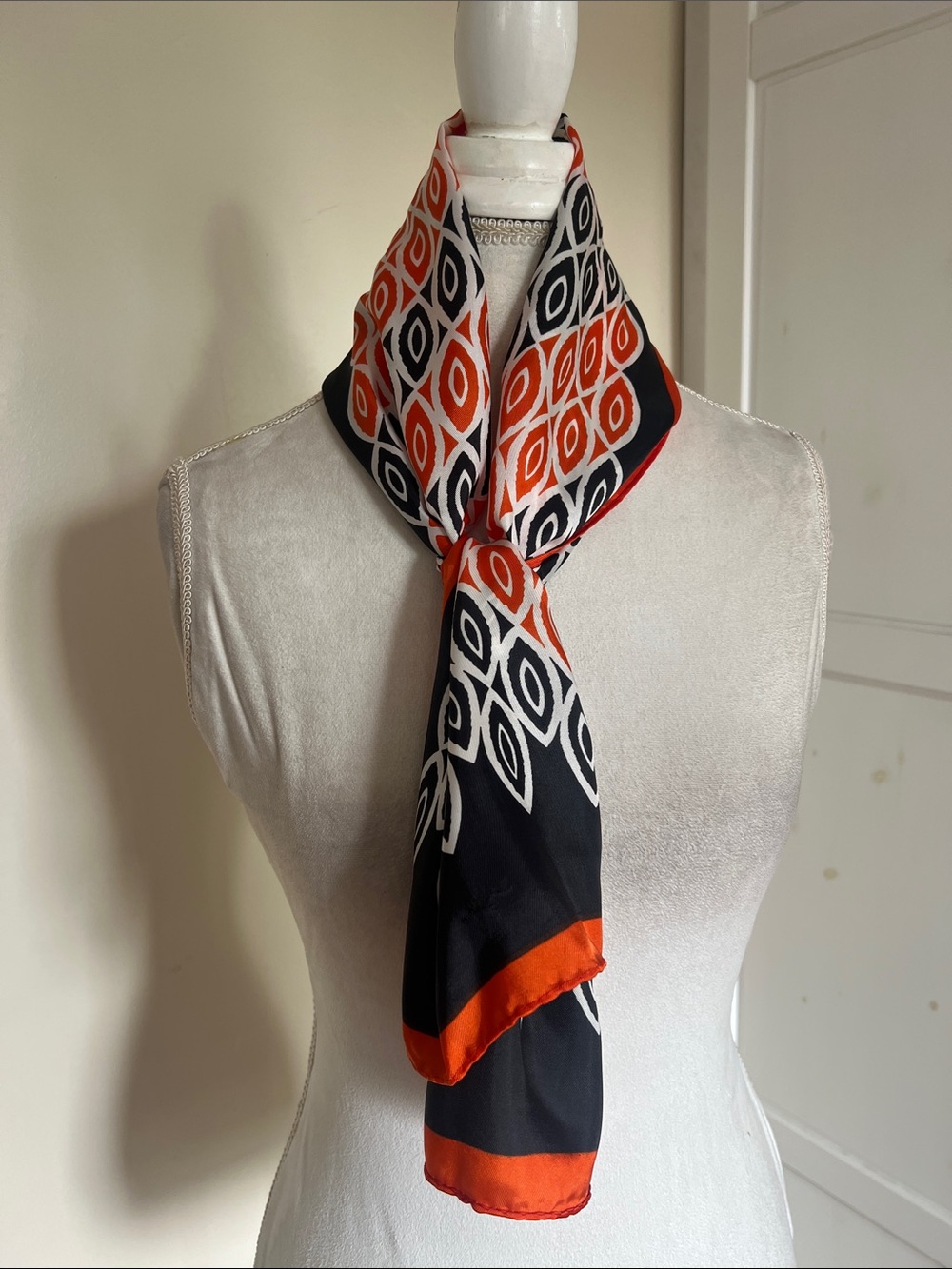 Vintage Acetate Twill Hand Printed Japan Geometric Oblong Scarf Orange Navy - Picture 1 of 4